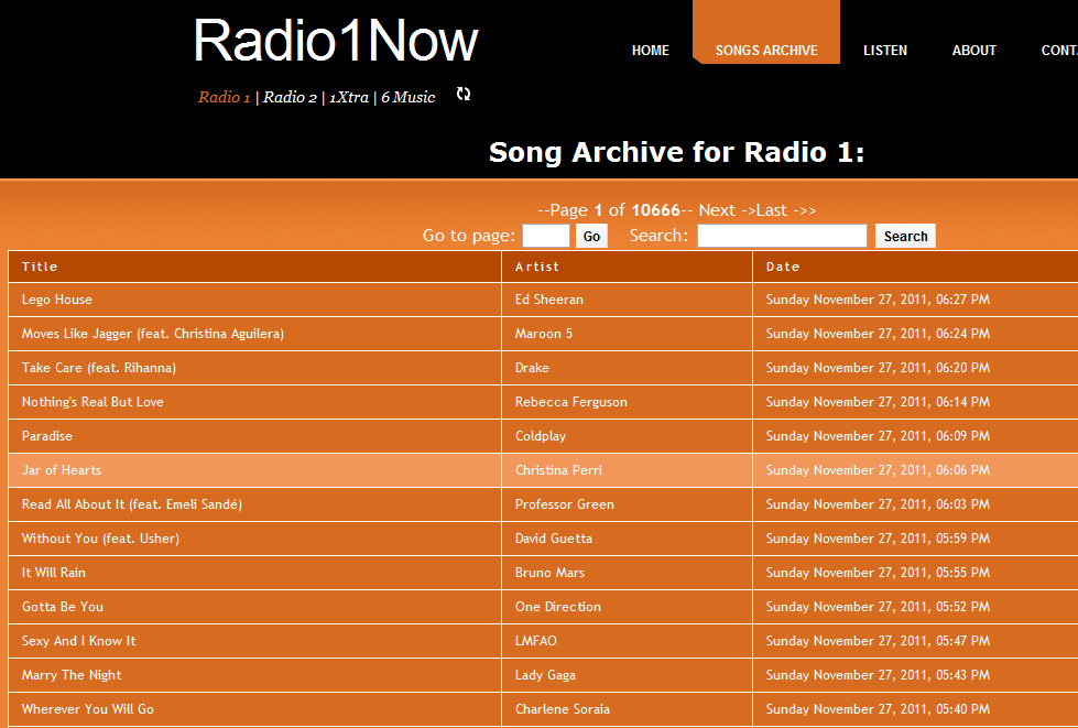 Radio 1 song archive listing, circa 2011